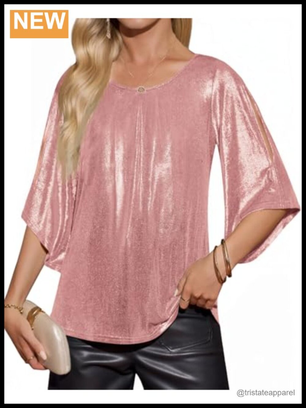 Women's 3/4 Sleeve Glitter Sparkly Crew Neck Blouse Pleated Tunic Top Y2K Shirt